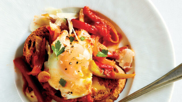 Eggs Poached in Tomato Sauce with Onions and Peppers